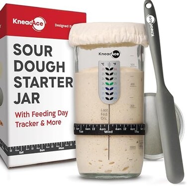 KneadAce Sourdough Starter Jar With Date Marked Feeding Band, Thermometer, Sourdough Fermentation Jar Scraper, Sewn Cloth CoverMetal Lid, Sourdough Starter Kit