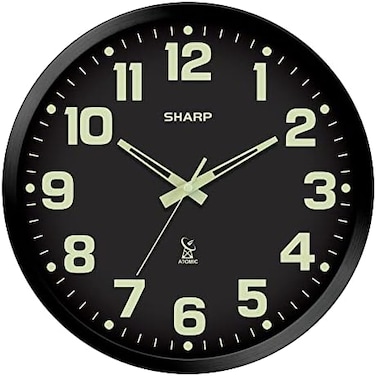 SHARP Glow in The Dark Atomic Analog Wall Clock - 12" Clock with Black Frame - Sets Automatically - Battery Operated - Easy to Read - Easy to Use &ndash; See Day or Night!