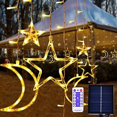 XINXIANLIAN 138 LED Ramadan Lights Solar Moon Star Lights Ramadan Decorations String Light Outdoor Waterproof Solar Powered Curtain Lights with 8 Modes Ramadan Hanging Decor for Patio (Warm White