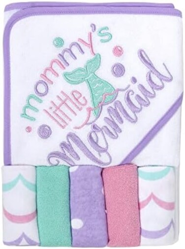 Baby Essentials Hooded Towel and Washcloth Set for Infants, Boys and Girls 6-12 Months (Mommy's Mermaid