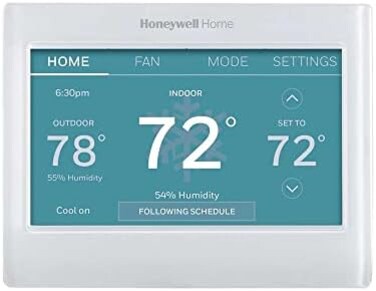 ترموستات هانيويل هوم RTH9600WF الذكي الملون، حاصل على شهادة Energy Star، مزود بشاشة لمس قابلة للبرمجة عبر Wi-Fi، متوافق مع Alexa - يتطلب سلك C، غير متوافق مع أنظمة التدفئة ذات الجهد الكهربائي المنخفض.