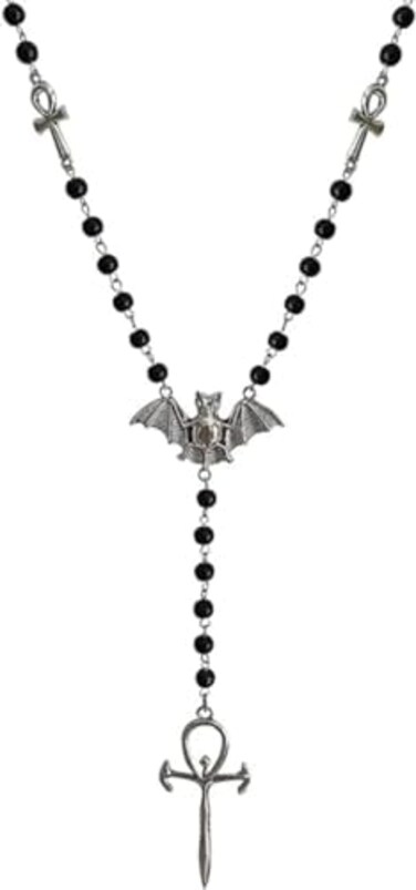 C&amp;Xanadu CXanadu BENBIYO Ankh Cross Bat Necklace Religious Grunge Gothic Vampire Black Long Rosary Beaded Ancient Egyptian Necklace for Women