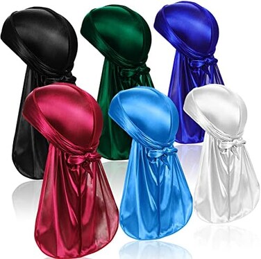 ASKNOTO 6 Pcs Silky Durag Headwraps Dorag for Men Women Waves, Durags Pack with Long Tail and Wide Straps, 6 Colors