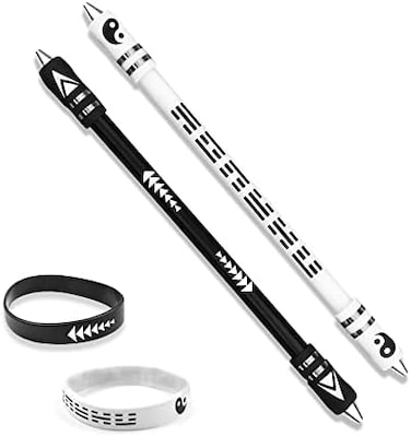 Roucerlin 2 Colors Pen Spinning with Silicone Bracelet, Metal Heads Gaming Finger Pen, 8.5In Weighted Rotating Ballpoint Pen, Spinning Pen for Student Adults, No Pen Refill (Black,White