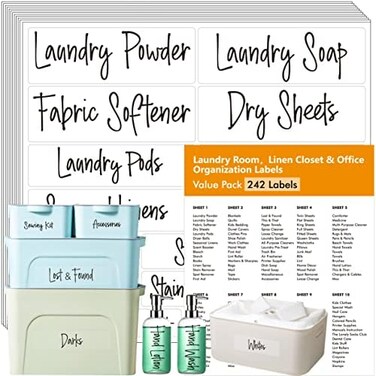 Hebayy 242 pcs Laundry Room, Linen ClosetOffice Labels, 220 Pre-printed Waterproof OilTear Resistant Removable Stickers, 22 Blank Ones, No Residue for Home Office Craft Room Organization (Black on Cle