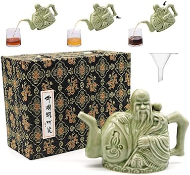 LURRIER Assassins Teapot, Handmade Chinese Ceramic Tea Kettle, One Pot Three Drinks,Two Chambers Teapot, Drink Dispenser, Magic Trick Teapot with Gift Box, 16 oz(Green