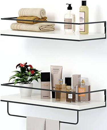 Shario White Floating Shelves - Set of 2, Wall Mounted Hanging Shelves with Black Towel Rack, Decorative Storage Shelves for Bathroom, Kitchen, Living RoomBedroom (Modern White
