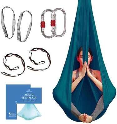 AUM Active Aerial Yoga Hammock - Durable Silk With Extension Straps, Carabiners, and Pose Guide - for Home, Antigravity, Inversion Exercises - Starter Kit for All Levels