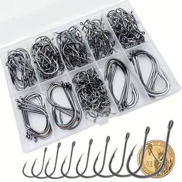 DAMIDEL 300Pcs/Box （22...1510Fishing Hook, Forged Steel/Barded Design, 8 Sizes Universal Octopus Fishing Hooks Set， Sharp/High Carbon/Hook Eye, Suitable Sizes in Freshwater Saltwater