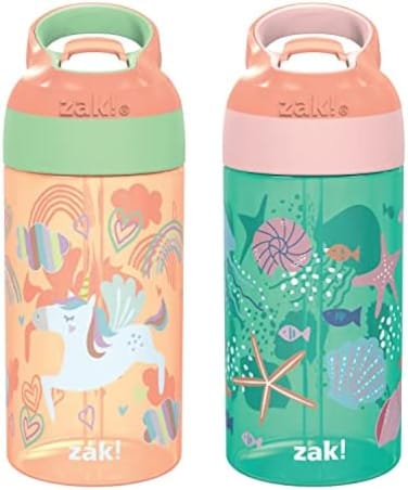 Zak Designs 16oz Riverside Kids Water Bottle with Spout Cover and Built-in Carrying Loop, Made of Durable Plastic, Leak-Proof Water Bottle Design for Travel (UnicornShells, Pack of 2