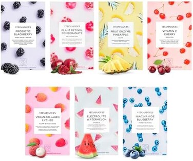 Vitamasques Face Masks Skincare Sheet Kit, 7-Pack - Juicy Collection of Triple-Layer Sheet Facial Masks - Pore Purifying, Brightening, and Hydrating - Boost your Skincare Routine