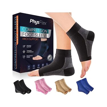 PhysFlex Compression Socks for Plantar Fasciitis, Achilles Tendonitis Relief - (1 PairAnkle Compression Sleeve for Heel Spurs, Foot SwellingFatigue - Arch Support Brace for Everyday Use