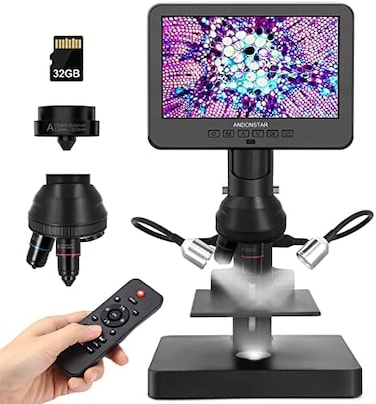 مجهر أندونستار AD246S-P الرقمي المزود بمنفذ HDMI وشاشة 7 بوصات، تكبير 4000x، ثلاث عدسات، تسجيل فيديو فائق الدقة 2160P، مجهر خاص بالعملات المعدنية ذات الأخطاء، طقم مجهر بيولوجي للكبار والصغار، شرائح مُ