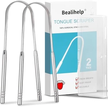 Bealihelp 2 Pack Tongue Scraper, 100% Surgical 304 Stainless Steel Tongue Cleaner for Adults And Kids, Professional Tongue Brush for Oral Care, Improve Bad Breath and Fresh Breath