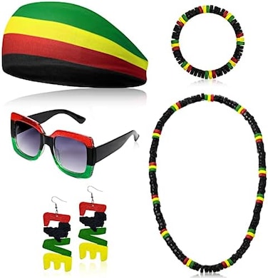 Hoteam 5 Pieces Rasta Women's Jewelry Set Rasta Accessories for Women Include Rasta Headband, Rasta Sunglasses, Wood Dangle Earrings, Jamaica Necklace, Jamaica Bracelet for Women