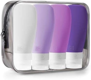 INSFIT Portable Travel Bottles, TSA Carry On Approved Toiletries Containers, 90ml Leak Proof Squeezable Silicone Tubes, Refillable Travel Accessories for Shampoo 4 Pack Purple
