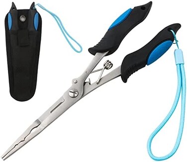 mouhike Fishing Pliers Stainless Steel Fish Hook Remover with Sheath and Lanyard Split Ring Pliers Fishing Braid Line Cutter Tools Corrosion Resistant Fishing Gear for Freshwater Saltwater