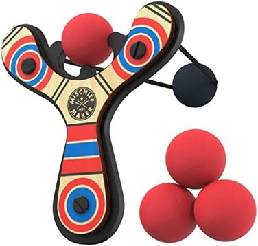 Mighty Fun! Mischief Maker Wooden Toy Slingshot Real Wood and Soft Foam Balls (Red Classic