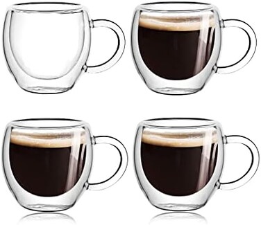 طقم أكواب إسبريسو ويلز سعة 2.5 أونصة، 4 قطع بمقبض، أكواب إسبريسو صغيرة، أكواب إسبريسو شفافة معزولة بجدار مزدوج، أكواب قهوة إسبريسو، مناسبة لماكينة الإسبريسو، أساسية لتحضير الإسبريسو