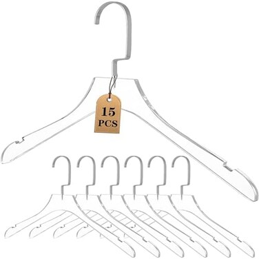 BESSER HAUS 15 Pack Acrylic Hangers Gold Acrylic Hangers with Clips Premium Quality Crystal Clear Hangers Luxury Dress Suit Hangers(Silver Hook