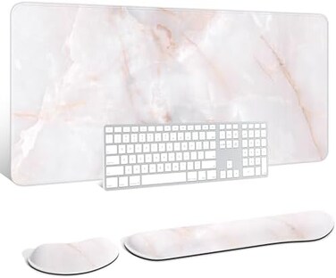Auhoahsil Large Mouse Pad with Wrist Rests for KeyboardMouse, Thick Soft Ergonomic Memory Foam Wrist Supports, BigLong Desk Mat 35.5 x 15.7 in, for Office Gaming Computer, White Marble