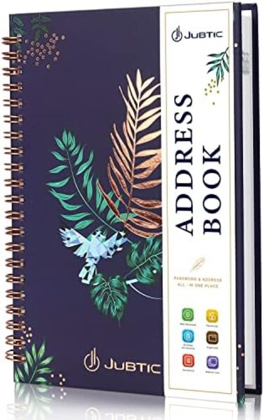 JUBTIC Hardcover Address Book with Alphabetical Tabs, Spiral Bound Address Book with Refillable Pages Medium Telephone book incl. Address, Password, Contact, Tel, Email, Important Date for Home Office