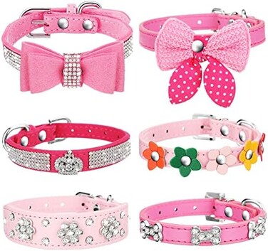 Saintrygo 6 Pcs Girl Puppy Collars Pink Dog Collar Rhinestones Dog Cat Collar Bling Diamond with Rhinestone Crown Flowers Bowtie Bone Decoration for Girl Dogs Cats Collar Accessories, Pink(X-Small