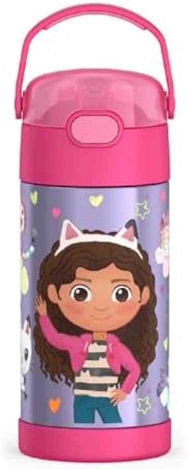 THERMOS FUNTAINER 12 Ounce Stainless Steel Vacuum Insulated Kids Straw Bottle, Gabby's Dollhouse, F4102GB6, FUNTAINER 12 Ounce Bottle