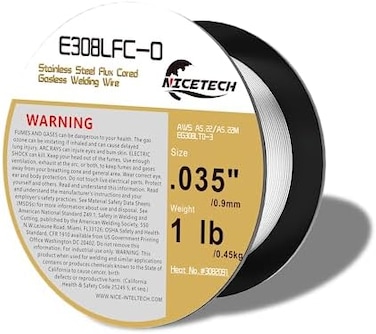 سلك لحام NICETECH بدون غاز ذو قلب تدفق، مصنوع من الفولاذ المقاوم للصدأ، E308LFC-O، قطر 0.035 بوصة، بكرة وزنها رطل واحد، فضي، عبوة من قطعة واحدة