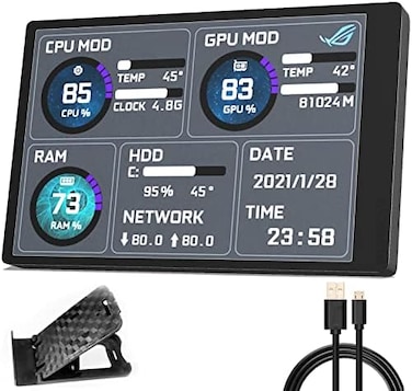 WOWNOVA English Version Computer Temp Monitor, Sensor Panel Display, Temperature Display for ARGB Case Secondary Screen, IPS USB Mini Screen CPU RAM HDD Data Monitor