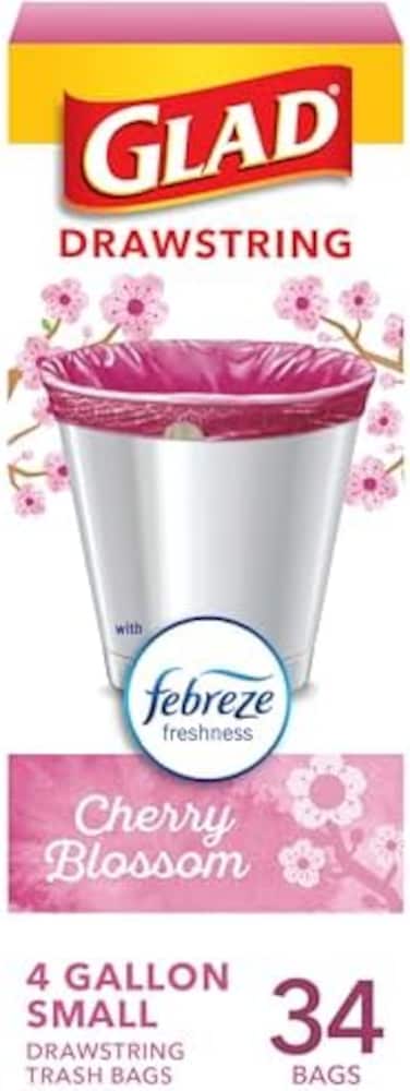 Glad OdorShield Small Drawstring Trash Bags, 4 Gallon Trash Bag, Febreze Cherry Blossom, 34 Count (Package May Vary