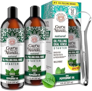 GuruNanda Pulling Oil with CoconutPeppermint Essential Oil for Oral Health, Natural Teeth Whitening, Helps Fight Bad Breath, Healthy Gums, Alcohol Free Mouthwash (8 Fl.Oz. x 2
