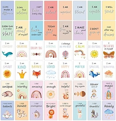 Leinuosen 48 Pcs Affirmation Cards for Kids Daily Positive Affirmation Cards Teaches Mindfulness Motivational Meditation Inspirational Encouragement Phrase Gifts for Girls Boys Self Esteem and Reward