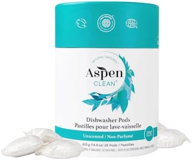 AspenClean Unscented Dishwasher Pods , 28 Count, Zero Plastic, Plant-Based Natural Dishwasher Detergent Pacs - Powerful Eco-Friendly, PetBaby Safe, EWG VerifiedA Rated
