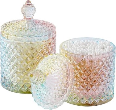 rejomiik Qtip Holder Glass Apothecary Jars with Lid Bathroom Accessories Vanity Organizers and Makeup Storage for Cotton Swabs, Makeup Sponges, Bath Salts, Canister Dispenser, 2 Pack Rainbow