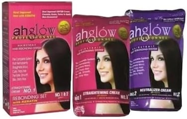 Ahglow Hair Straightening and Rebonding System with KERATIN. Extra Strength Formula. The Complete System that Straightens Wavy, Curly, Frizzy Hair the Smooth, Silky, Shiny Way! 165 gram pouches