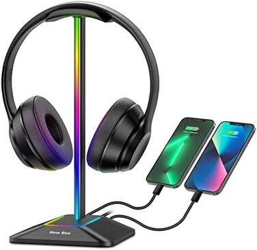 New bee Headphone Stand RGB Headset Holder with 1 USB-C Charging Port and 1 USB Charging Port, Headset Stand Gaming with 7 Light Modes Suitable for All Earphone Accessories (black-1