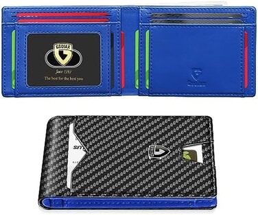 GSOIAX Mens Slim Wallet for Men Minimalist Genuine Leather Carbon Fiber Rfid Blocking Bifold Credit Card Holder With Gift Box (Blue and Carbon Black