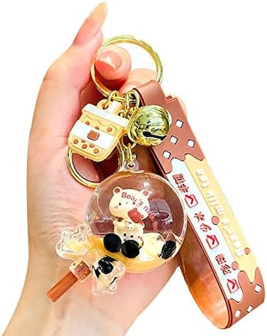HSYHERE Men Women Creative Interesting Floating Milk Tea Brown Bear Lucky Bottle Keychain Keyrings