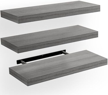 AMADA HOMEFURNISHING Floating Shelves, Wall Shelves for Bathroom/Living Room/Bedroom/Kitchen Decor, Grey Shelves with Invisible Brackets Set of 3 - AMFS07G