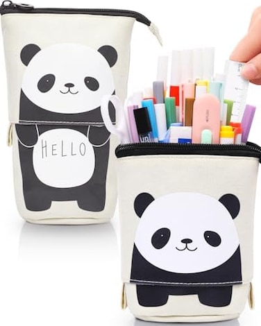 Sooez Standing Pencil Case, Cute Stand up Pencil Pouch, Telescopic Pen Pouch, Portable Pencil Holder, Kawaii Stand up Pencil Case, Spacious Pencil Pouch Bag for School Office Supplies, Beige Panda