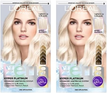 L&rsquo;Or&eacute;al Paris Feria Hyper Platinum Hair Bleach, Lifts Up To 8 Levels, Includes Anti Brass Purple Conditioner, Hyper Platinum Blonde Hair Dye Kit, Pack of 2