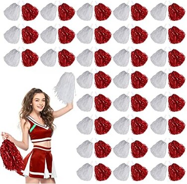 Hanaive 60 Pcs Cheerleading Pom Poms Cheer Pom Poms Fun Pom Poms Metallic Foil Pom Poms Cheerleading Poms with Plastic Handles for Cheering Squad Team Spirited Sports Dance Kids Girls (Red, White