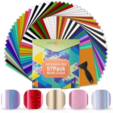 HTVRONT Permanent Vinyl for Cricut Machine-57 Pack 12" x 12" Permanent Vinyl Bundle, 52 Adhesive Vinyl Sheets5 Transfer Tape for Vinyl Permanent