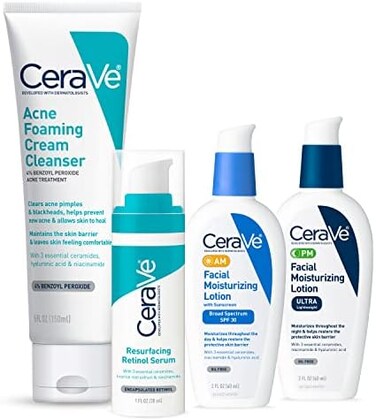 CeraVe Skin Care Set for Acne Treatment with Face Wash with Benzoyl Peroxide, Retinol Serum, AM Face Moisturizer with SPFPM Face Moisturizer,5oz Cleanser1oz Serum2oz AM Lotion2oz PM Lotion