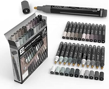 TOOLI-ART 22 Acrylic Paint Markers Paint Pens Pro Color Series Set 3mm Medium Tip for Rock Painting, Glass, Mugs, Wood, Metal, Glass Paint, Canvas, DIY. Non Toxic, Waterbased, Quick Drying (GRAYS