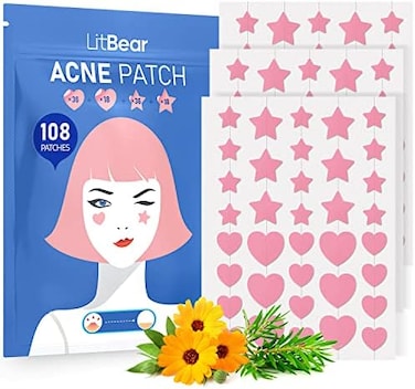 LitBear Acne Patch Pimple Patch, Pink HeartStar Shaped Acne Absorbing Cover Patch, Hydrocolloid Acne Patches For Face Zit Patch Acne Dots, Tea Tree OilCentella (108 Count (Pack of 1
