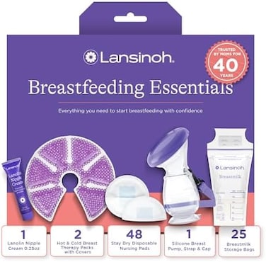Lansinoh Breastfeeding Essentials for Nursing Moms: Nipple Cream, Nursing Pads, Breast Milk Storage Bags, HotCold Breast Therapy Packs, Silicone Breast Pump, 77 Pieces