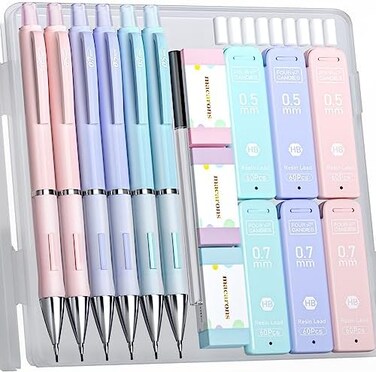 Four Candies Pastel Mechanical Pencil Set - 6PCS 0.5 mm0.7mm Pencils with 360PCS HB2 Lead Refills, 3PCS Erasers and 9PCS Eraser Refills, Cute School Supplies Stuff for Student Writing Drawing