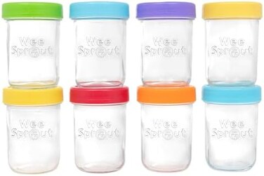 WeeSprout Glass Baby Food Storage Jars w/Lids (8 oz, 8 Pack SetSnack, Puree, Reusable Small Containers, Breast Milk, Fridge or Freezer, MicrowaveDishwasher Safe, Essential Must Have for Infants